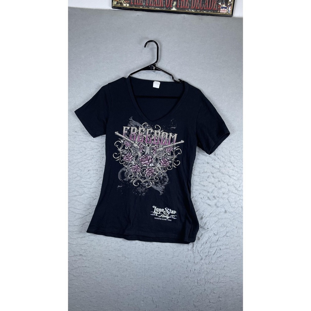 Lone Star Rally Shirt Womens Large Black V Neck Freedom Guns Roses Biker Western